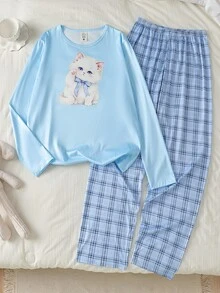 4pcs Girls' Teenager 4-Piece Lounge Set, Long Sleeve Top With Cut-Out Print, All-Over Digital Print Long Pants, Milk Silk Fabric Comfortable Homewear - Blue and White - View 4