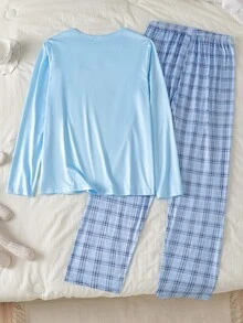 4pcs Girls' Teenager 4-Piece Lounge Set, Long Sleeve Top With Cut-Out Print, All-Over Digital Print Long Pants, Milk Silk Fabric Comfortable Homewear - Blue and White - View 5