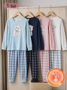 4pcs Girls' Teenager 4-Piece Lounge Set, Long Sleeve Top With Cut-Out Print, All-Over Digital Print Long Pants, Milk Silk Fabric Comfortable Homewear - Blue and White - View 2