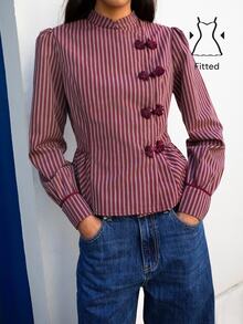 Nöista  Burgundy Striped,Chinese-Style Diagonal-Front Top, Urban Simplicity Elegance. Comfortable,Commuting,Quintessential Wardrobe,Fall Winter,Going Out - Apricot - View 3