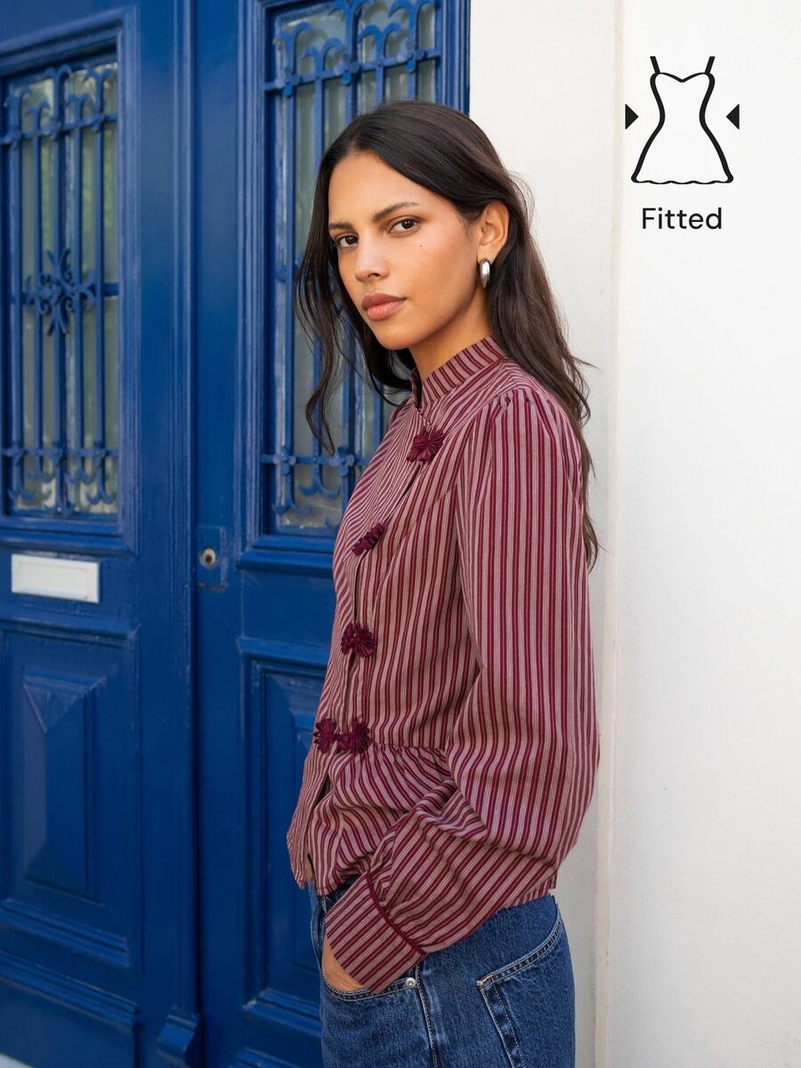 Nöista Burgundy Striped,Chinese-Style Diagonal-Front Top, Urban Simplicity Elegance. Comfortable,Commuting,Quintessential Wardrobe,Fall Winter,Going Out - Apricot - View 1