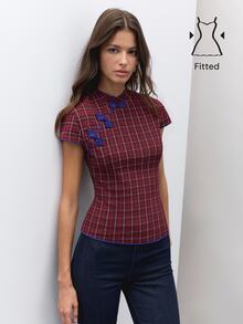 Nöista Red Plaid Fitted Chinese Inspired Top. Fall Winter, Casual, School, Dates, Going Out. - Red - View 3