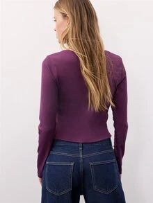 Nöista Deep Purple Slim-Fit T-Shirt. Square Neckline Lace, Soft Suitable. Y2K Romantic, Sweet, Simple, Daily Everyday Brunch Date, Campus, Fall, Elegant - Purple - View 6