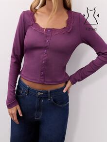 Nöista Deep Purple Slim-Fit T-Shirt. Square Neckline Lace, Soft Suitable. Y2K Romantic, Sweet, Simple, Daily Everyday Brunch Date, Campus, Fall, Elegant - Purple - View 3
