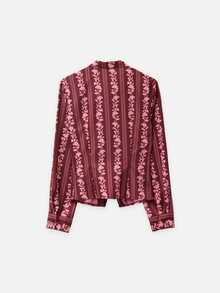 Nöista Kemeja lengan panjang slim fit motif garis-garis burgundy. Ruffle, feminin, imut, serbaguna, elegan, cocok untuk pesta makan malam atau bepergian. Musim gugur/musim dingin, untuk jalan-jalan. - Burgundy - View 8