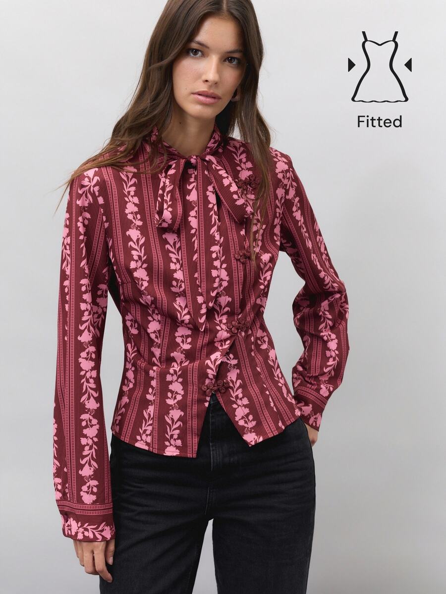 Nöista Kemeja lengan panjang slim fit motif garis-garis burgundy. Ruffle, feminin, imut, serbaguna, elegan, cocok untuk pesta makan malam atau bepergian. Musim gugur/musim dingin, untuk jalan-jalan. - Burgundy - View 1