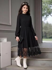 SHEIN 青少年女孩洋裝，休閒優雅紋理收腰洋裝，藍色女童洋裝，適合春季、秋季、冬季 - 藏蓝色 - 查看 4