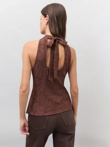 Nöista Brown Jacquard Halter Vest With Metal Studded , Deep V-Neck. Fall, Winter, Party, Evening, Festival, Disco, Dinner, Halloween, Christmas, Boho. - Brown - View 13