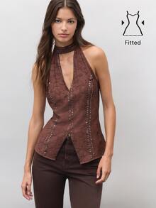 Nöista Brown Jacquard Halter Vest With Metal Studded , Deep V-Neck. Fall, Winter, Party, Evening, Festival, Disco, Dinner, Halloween, Christmas, Boho. - Brown - View 1