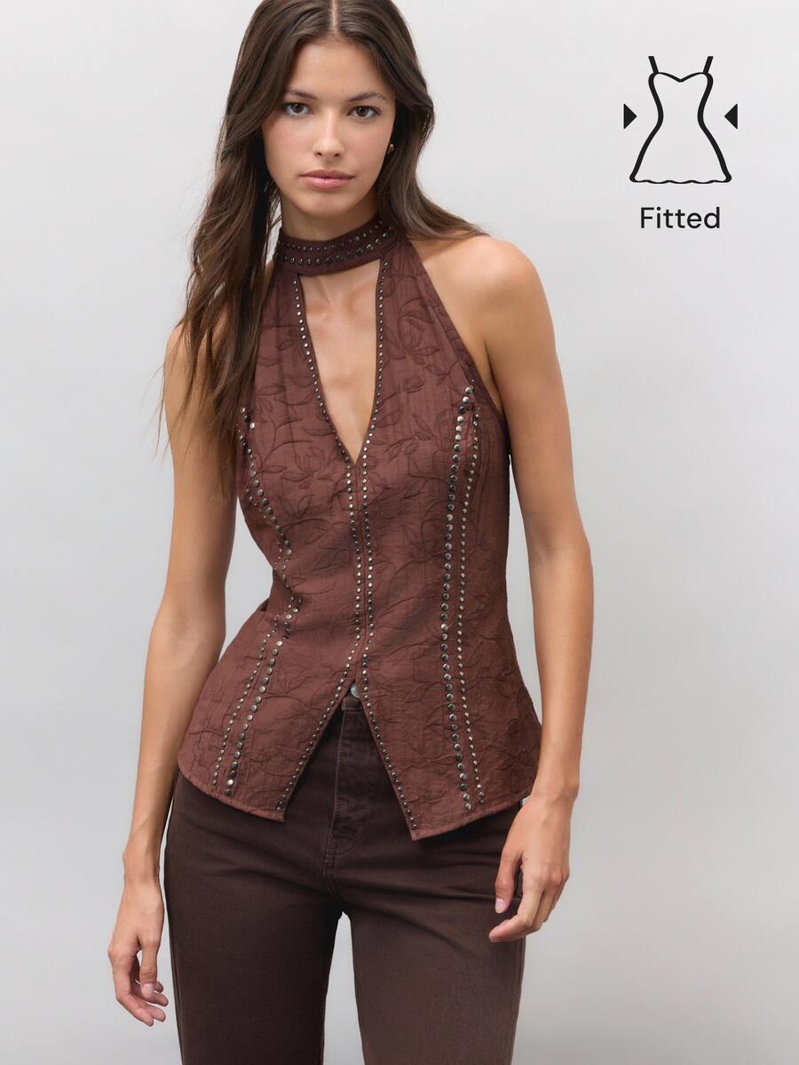 Nöista Brown Jacquard Halter Vest With Metal Studded , Deep V-Neck. Fall, Winter, Party, Evening, Festival, Disco, Dinner, Halloween, Christmas, Boho. - Brown - View 1