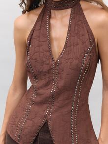 Nöista Brown Jacquard Halter Vest With Metal Studded , Deep V-Neck. Fall, Winter, Party, Evening, Festival, Disco, Dinner, Halloween, Christmas, Boho. - Brown - View 4