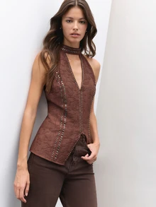 Nöista Brown Jacquard Halter Vest With Metal Studded , Deep V-Neck. Fall, Winter, Party, Evening, Festival, Disco, Dinner, Halloween, Christmas, Boho. - Brown - View 6