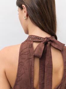 Nöista Brown Jacquard Halter Vest With Metal Studded , Deep V-Neck. Fall, Winter, Party, Evening, Festival, Disco, Dinner, Halloween, Christmas, Boho. - Brown - View 7