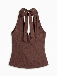 Nöista Brown Jacquard Halter Vest With Metal Studded , Deep V-Neck. Fall, Winter, Party, Evening, Festival, Disco, Dinner, Halloween, Christmas, Boho. - Brown - View 10