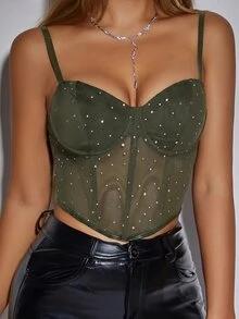 SHEIN Unity Women's Rhinestone Design Contrast Mesh Fitted Sexy Camisole Tank Top Club Night Olive Green Summer - Army Green - View 9