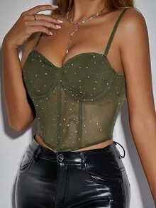 SHEIN Unity Women's Rhinestone Design Contrast Mesh Fitted Sexy Camisole Tank Top Club Night Olive Green Summer - Army Green - View 6