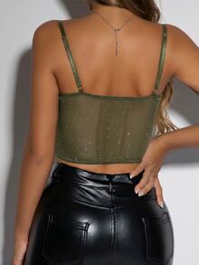 SHEIN Unity Women's Rhinestone Design Contrast Mesh Fitted Sexy Camisole Tank Top Club Night Olive Green Summer - Army Green - View 2