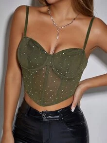SHEIN Unity Women's Rhinestone Design Contrast Mesh Fitted Sexy Camisole Tank Top Club Night Olive Green Summer - Army Green - View 7