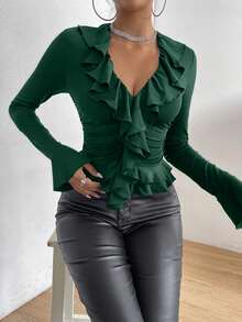 SHEIN Unity Women's Elegant Sexy Ruched V-Neck Long Sleeve Fitted T-Shirt, Solid Color, Spring/Autumn Golf Pastal - Dark Green - View 6