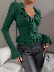 SHEIN Unity Women's Elegant Sexy Ruched V-Neck Long Sleeve Fitted T-Shirt, Solid Color, Spring/Autumn Golf Pastal - Dark Green - View 5