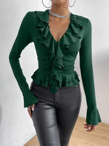 SHEIN Unity Women's Elegant Sexy Ruched V-Neck Long Sleeve Fitted T-Shirt, Solid Color, Spring/Autumn Golf Pastal - Dark Green - View 4