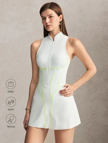 Activina Women's Zipper Front Sleeveless Sports Dress With Shorts Elegant Modest Athleisure Stand-Collar Suitable For Tennis Golf Green And White Summer - White - View 9