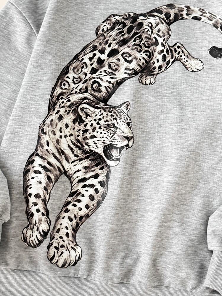 SHEIN Teen Girl Teen Girls Casual Light Grey Round Neck Tiger Print Sweatshirts Retro Streetwear Autumn Winter - Light Grey - View 6