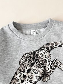 SHEIN 青少年女孩休閒淺灰色圓領老虎印花衛衣復古街頭風秋冬款 - 淺灰色 - 查看 4