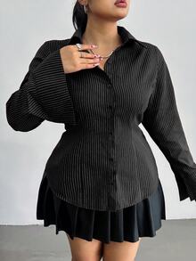 POPSWAY Plus Size Striped Fitted Long Sleeve Shirt Fall - Black - View 5