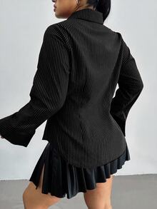 POPSWAY Plus Size Striped Fitted Long Sleeve Shirt Fall - Black - View 2