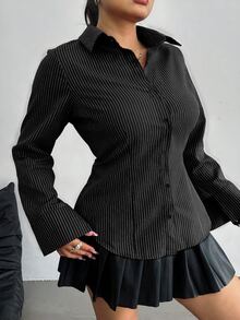 POPSWAY Plus Size Striped Fitted Long Sleeve Shirt Fall - Black - View 3