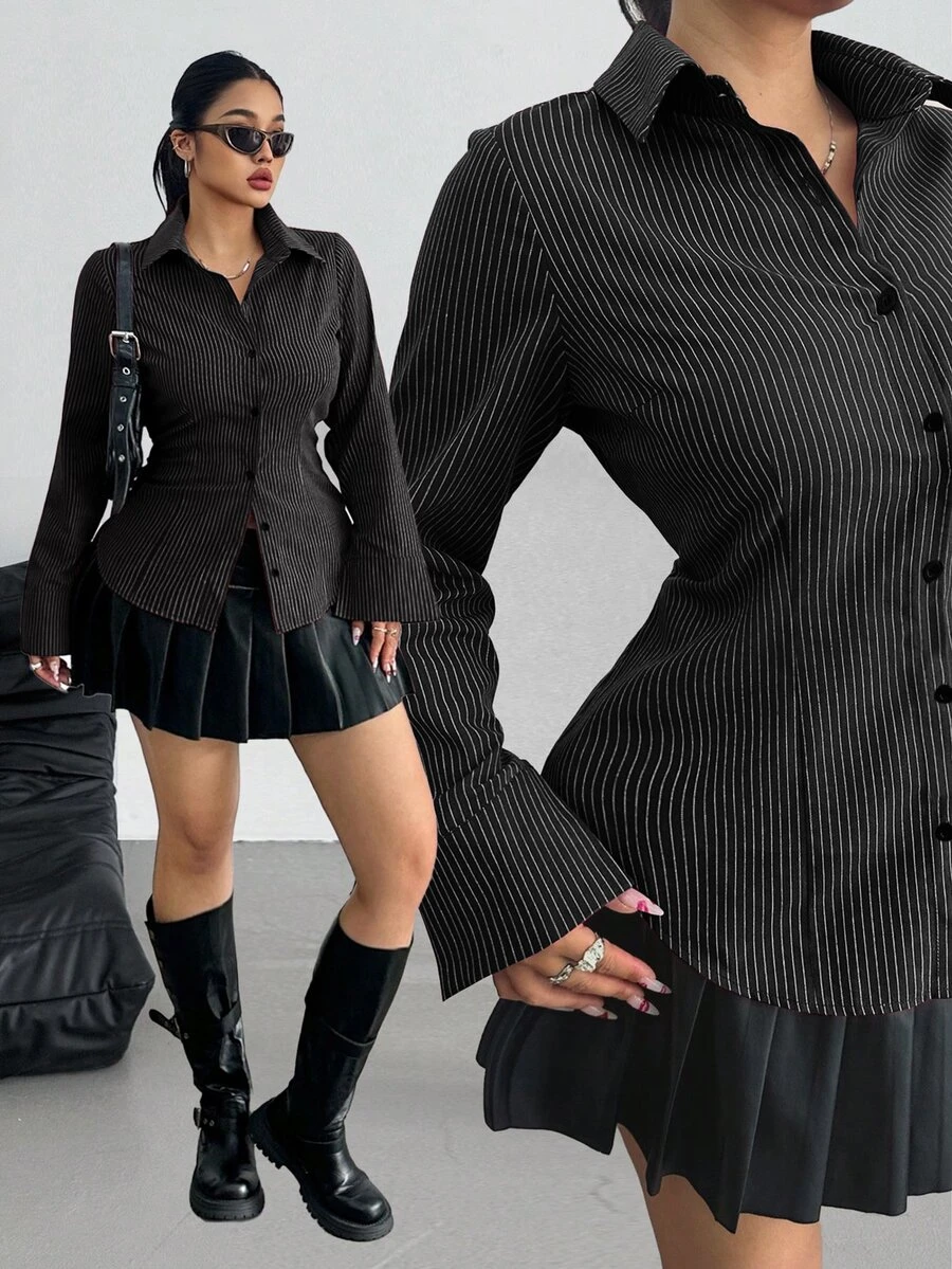 POPSWAY Plus Size Striped Fitted Long Sleeve Shirt Fall - Black - View 1
