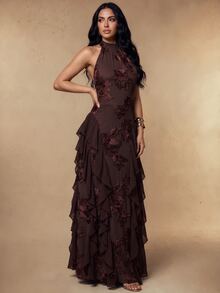 Silquee Gaun Wanita Elegan dengan Hiasan Ruffle di Bagian Bawah dari Kain Motif Bunga 3D, Cocok untuk Pesta dan Liburan - Kopi - View 9