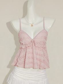 SHEIN ICON Women's Summer Casual Vacation Solid Color Textured Fabric Ruffle Trim Babydoll Cami Top,Halter Top Ruffle Top - Pink - View 11