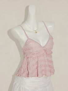 SHEIN ICON Women's Summer Casual Vacation Solid Color Textured Fabric Ruffle Trim Babydoll Cami Top,Halter Top Ruffle Top - Pink - View 8