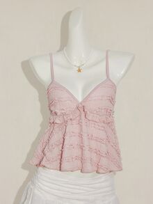 SHEIN ICON Women's Summer Casual Vacation Solid Color Textured Fabric Ruffle Trim Babydoll Cami Top,Halter Top Ruffle Top - Pink - View 4