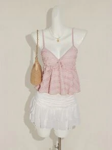 SHEIN ICON Women's Summer Casual Vacation Solid Color Textured Fabric Ruffle Trim Babydoll Cami Top,Halter Top Ruffle Top - Pink - View 5