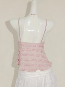 SHEIN ICON Women's Summer Casual Vacation Solid Color Textured Fabric Ruffle Trim Babydoll Cami Top,Halter Top Ruffle Top - Pink - View 3
