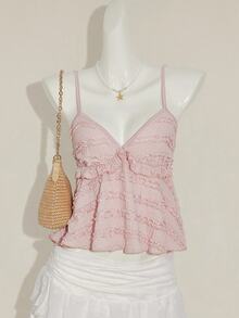 SHEIN ICON Women's Summer Casual Vacation Solid Color Textured Fabric Ruffle Trim Babydoll Cami Top,Halter Top Ruffle Top - Pink - View 12