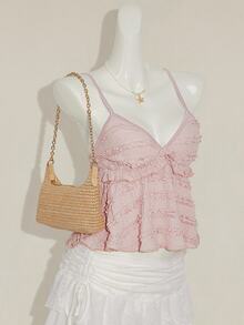 SHEIN ICON Women's Summer Casual Vacation Solid Color Textured Fabric Ruffle Trim Babydoll Cami Top,Halter Top Ruffle Top - Pink - View 6