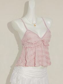 SHEIN ICON Women's Summer Casual Vacation Solid Color Textured Fabric Ruffle Trim Babydoll Cami Top,Halter Top Ruffle Top - Pink - View 7