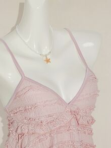 SHEIN ICON Women's Summer Casual Vacation Solid Color Textured Fabric Ruffle Trim Babydoll Cami Top,Halter Top Ruffle Top - Pink - View 9
