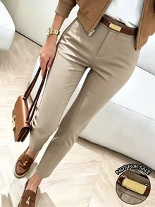 SHEIN LUNE Women's Solid Color Minimalist Casual Elegant Slim Fit Long Pants For Business Office Work And Daily Wear Khaki Autumn - Khaki - View 2