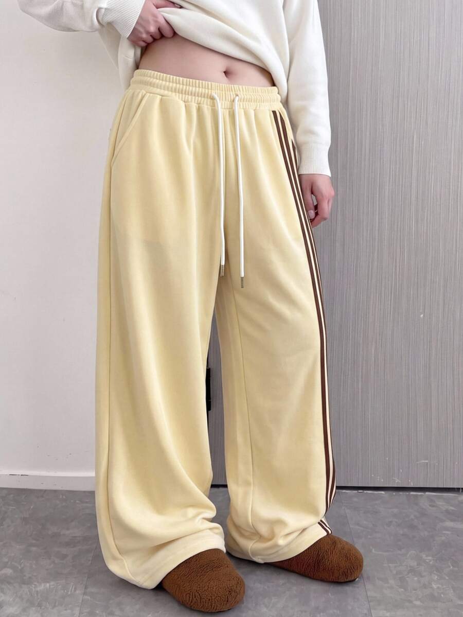 Comfortcana Plus Size Women's Side Stripe Drawstring Casual Loose Sweatpants - Light Yellow - View 1