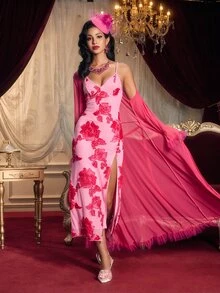 PinupPomp European And American Spring/Summer 3D Floral Sexy Camisole Nightgown Can Be Worn Outerwear + Mesh Splice Ruffle Tie Waist Robe Sleepwear - Hot Pink - View 4