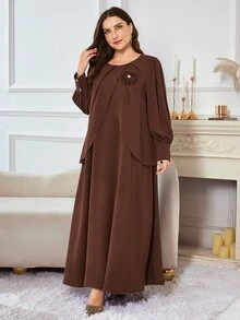 Al Najma Women's Round Neck Long Sleeve Layered 3D Floral Elegant Plus Size Arabian Dress - Coffee Brown - View 7