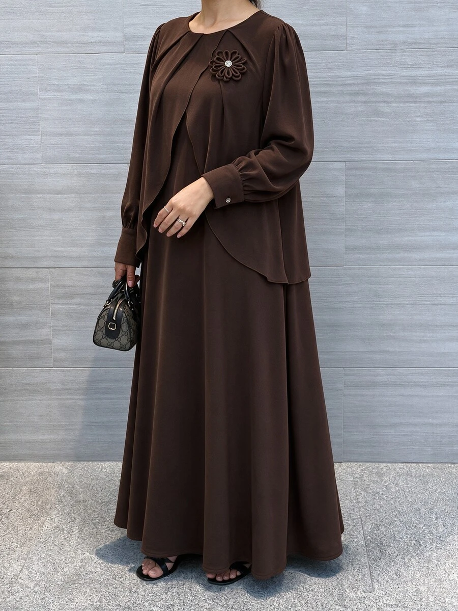 Al Najma Women's Round Neck Long Sleeve Layered 3D Floral Elegant Plus Size Arabian Dress - Coffee Brown - View 1