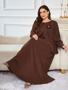 Al Najma Women's Round Neck Long Sleeve Layered 3D Floral Elegant Plus Size Arabian Dress - Coffee Brown - View 5