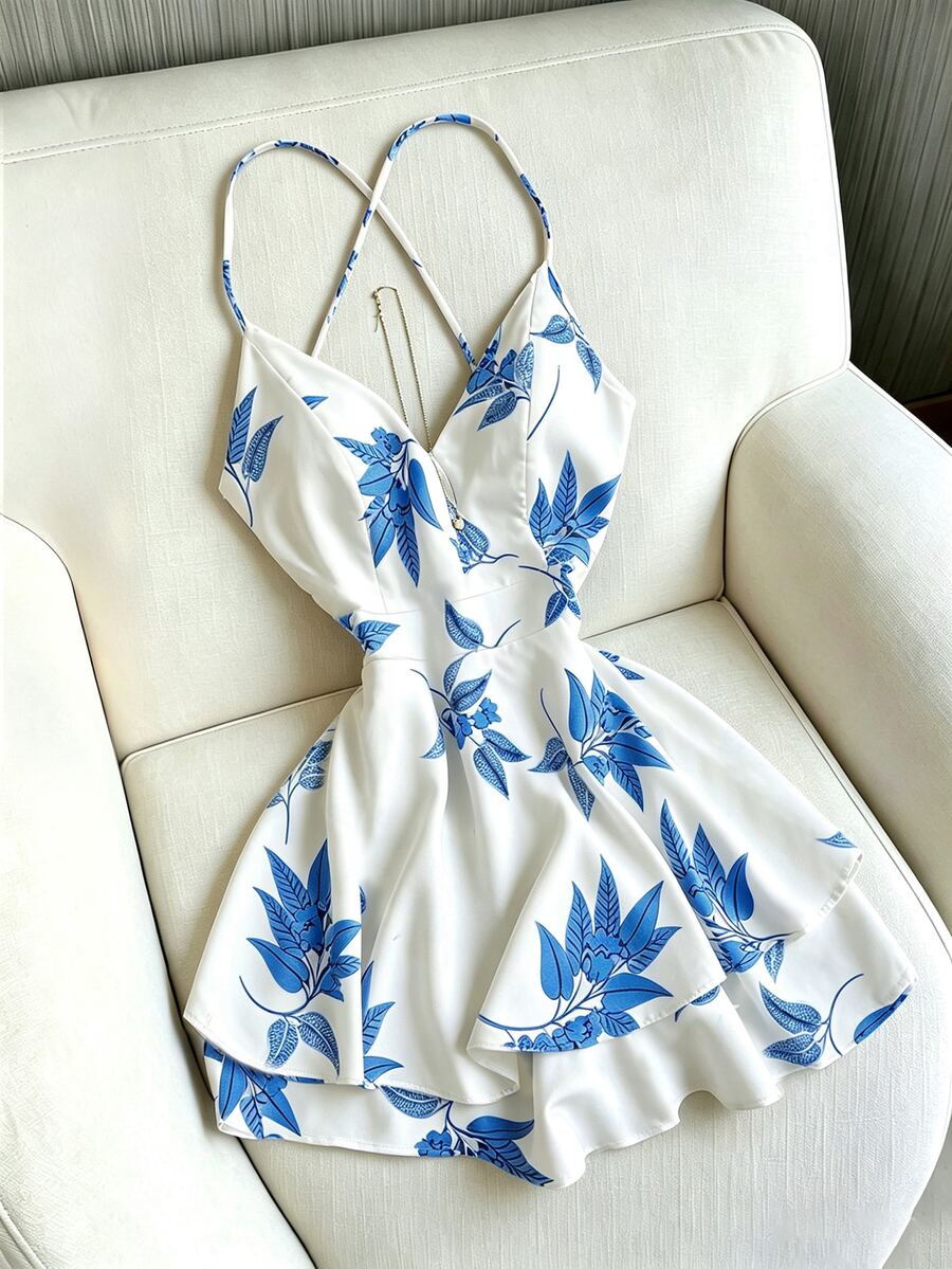 Franclia Vestido Feminino Vintage Francês de Verão Novo com Estampa Floral Verde, Alças Finas, Decote em V, Cintura Marcada, Linha A, Curto, Estilo Férias, Minimalista, Sexy, Estilo Fada - Azul e Branco - Visão 1