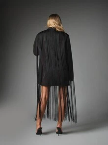 MISSGUIDED Oversized Black Fringe Blazer Dress With Notch Lapel Long Sleeve Floor Length Fringe Trim Party Evening Occasion - Black - View 4